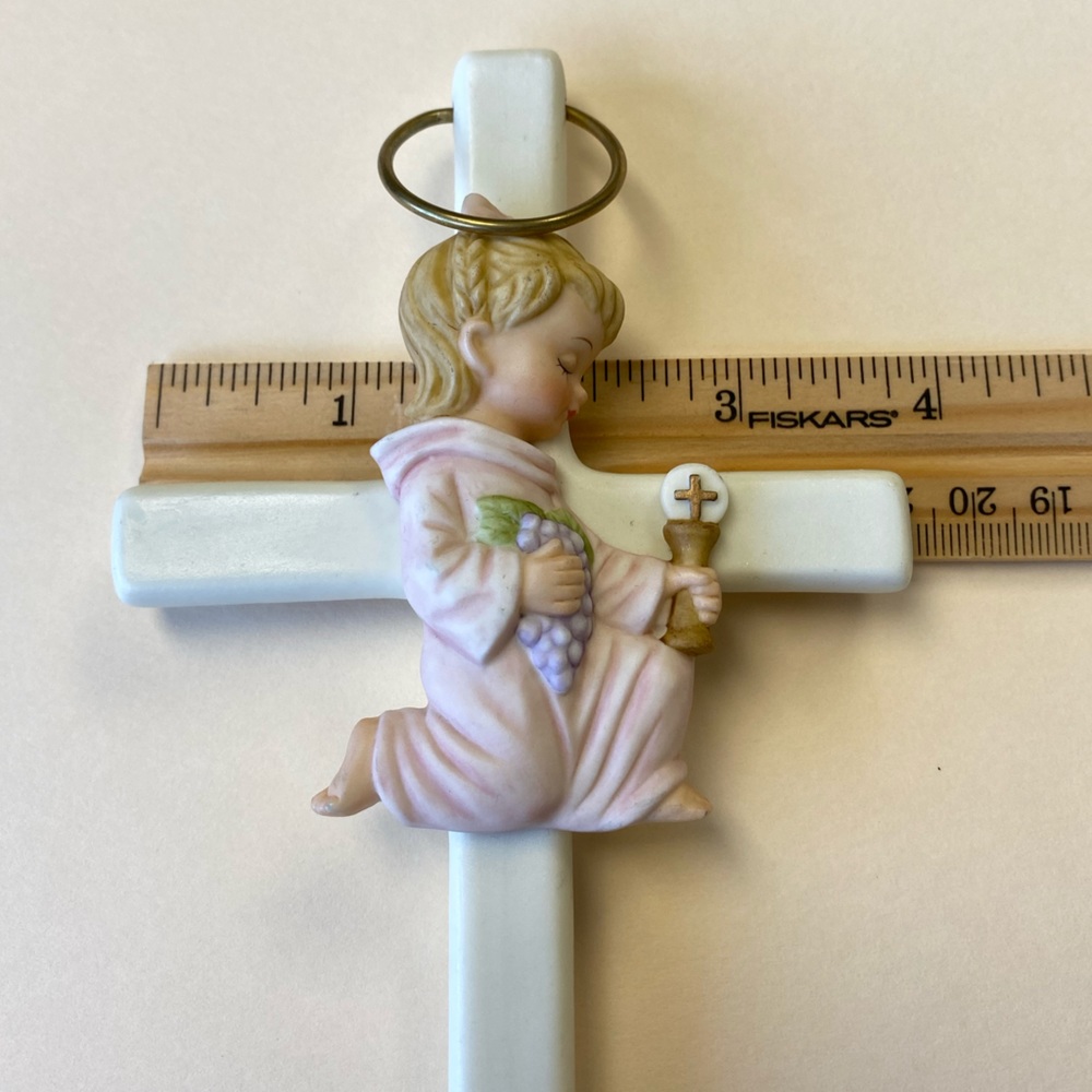 Vintage Ceramic Lefton 1999 Praying Communion Girl on Cross Hanging Wall Plaque - Picture 8 of 10